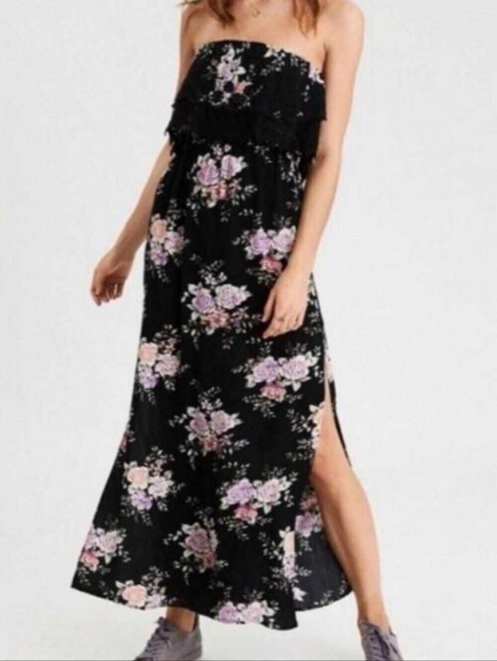 American Eagle Black Pink Floral Off The Shoulder Side Slit Maxi Dress Sz Small